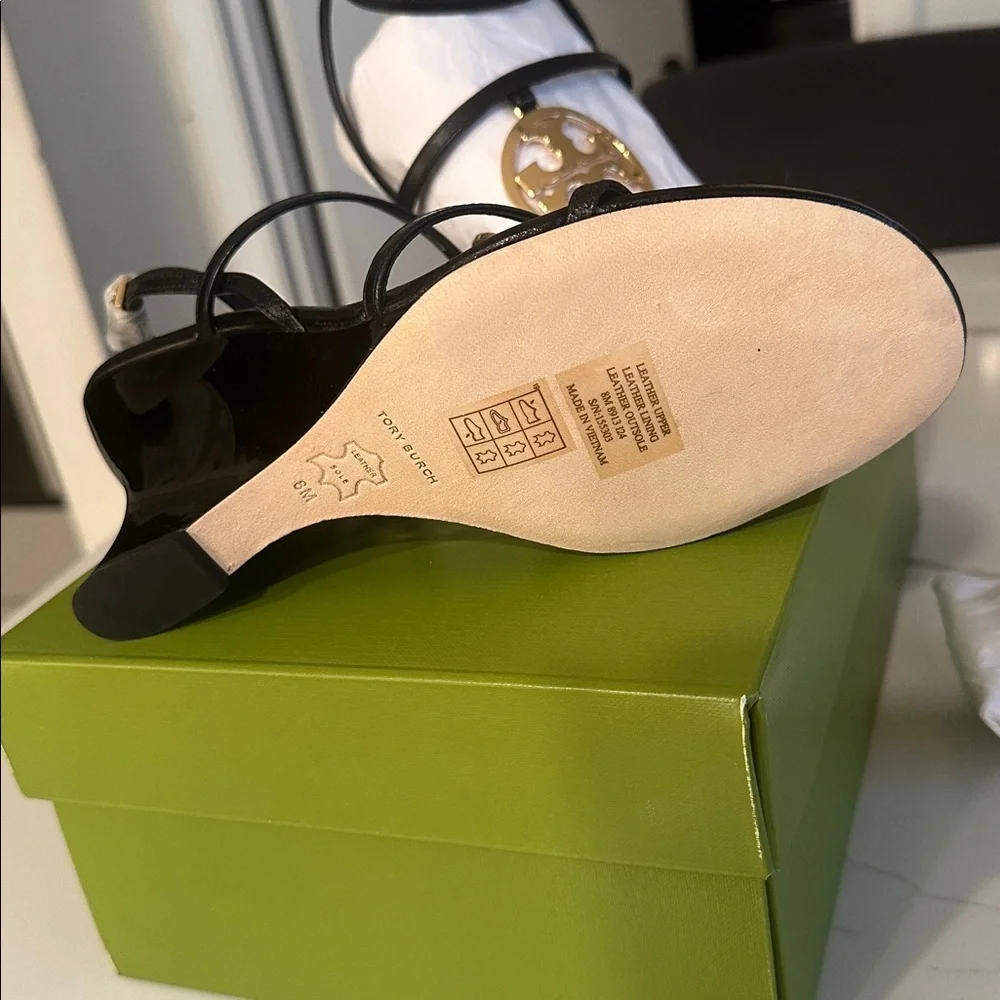 Tory Burch Black Wedge Sandals with Gold Accent